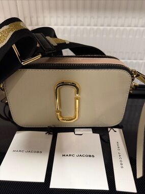 Marc Jacobs Cream and Black Snapshot Crossbody with Gold Hardware and Strap